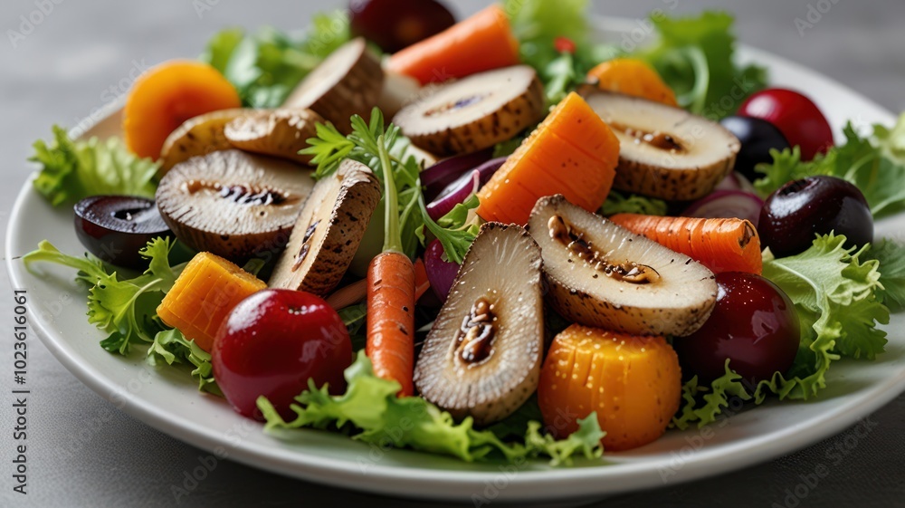 A colorful salad with grilled pears, carrots, red onions, and cherries. A colorful salad with grilled pears, carrots, red onions, and cherries.