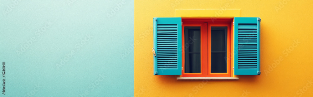 Window with open shutters on bright color wall background Window with open shutters on bright color wall background