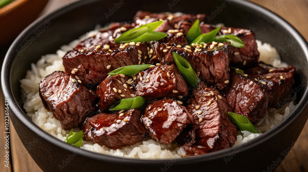 A bowl of grilled Kuroge Wagyu beef cubes served over steamed rice, garnished with sesame seeds and green onions, creating a hearty and indulgent meal. A bowl of grilled Kuroge Wagyu beef cubes served over steamed rice, garnished with sesame seeds and green onions, creating a hearty and indulgent meal.