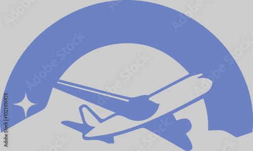 This vector illustration features a white plane gliding gracefully across a bright blue sky, passing through a stretch of fluffy white clouds. This minimalist and elegant design gives the impression