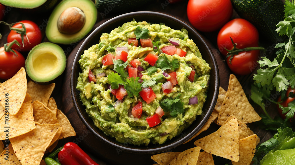 A bowl of guacamole surrounded by fresh vegetables and tortilla chips, highlighting avocados versatility and health benefits in a balanced diet. A bowl of guacamole surrounded by fresh vegetables and tortilla chips, highlighting avocados versatility and health benefits in a balanced diet.