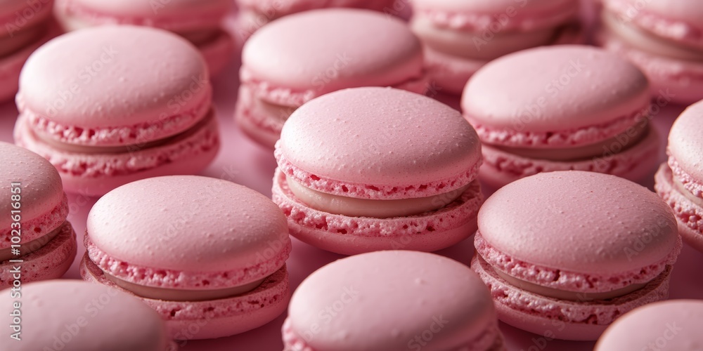Obraz premium Delicious pink macarons arranged beautifully on a pastel background.
