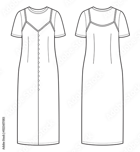 Satin slip dress and t shirt design flat sketch