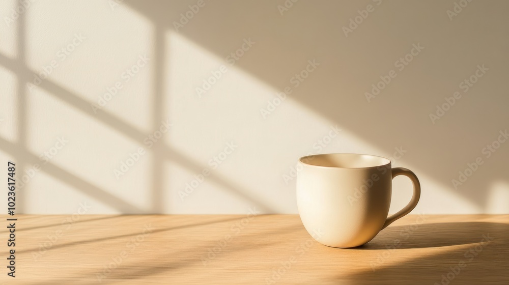A White Mug on a Wooden Table with Window Light A White Mug on a Wooden Table with Window Light