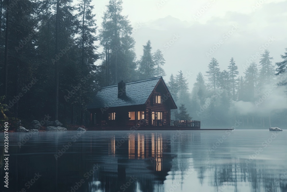 Fototapeta premium A Tranquil Lakeside Cabin Emerges Through Morning Mist in a Serene, Secluded Forest Setting at Dawn