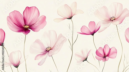 Minimalist watercolor cosmos flowers in soft pink and white, arranged on a light cream background, seamless design