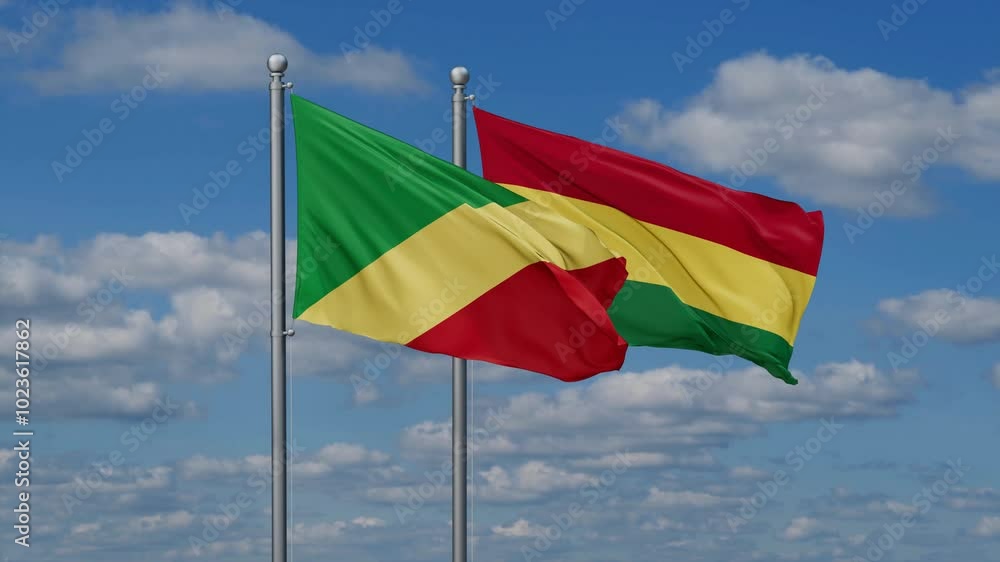 Bolivia and Congo Brazzaville flags flying together, video concept of the relationship, two country relations concept Bolivia and Congo Brazzaville flags flying together, video concept of the relationship, two country relations concept