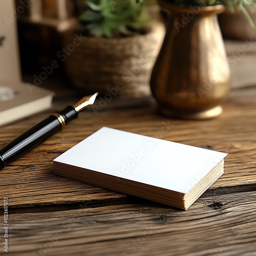 Business card mockup on a wooden desk with a fountain pen photo