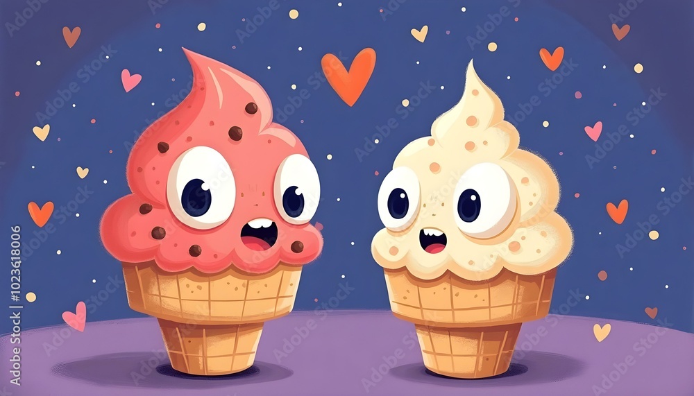 Obraz premium Two cute ice cream cones in love with hearts around them.