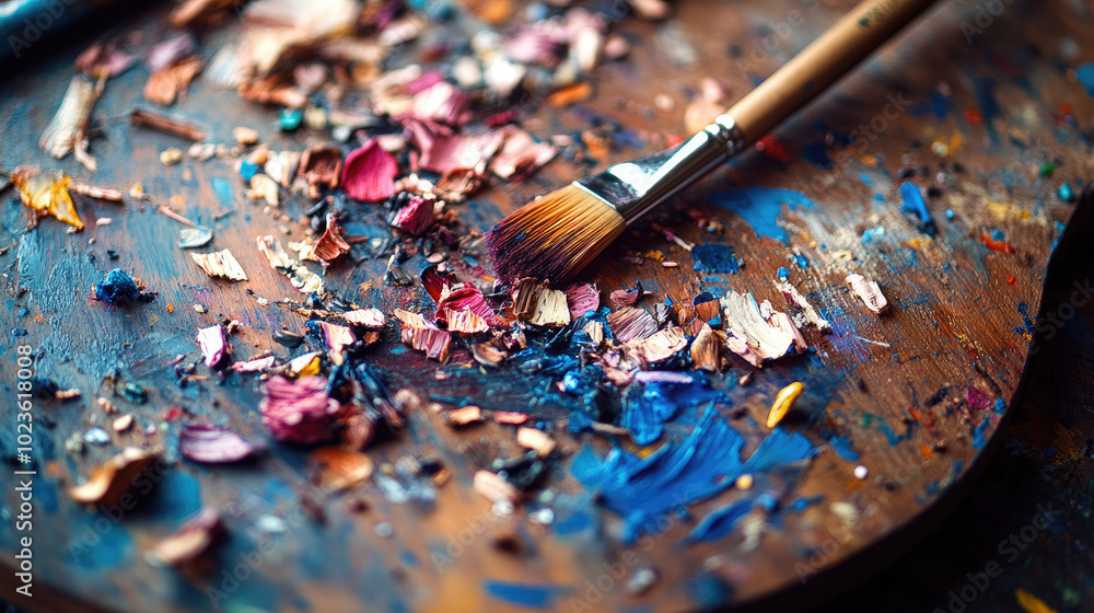 A close-up of an artists palette with oil pastel shavings and smudges, capturing the playful messiness that comes with the creative process. A close-up of an artists palette with oil pastel shavings and smudges, capturing the playful messiness that comes with the creative process.