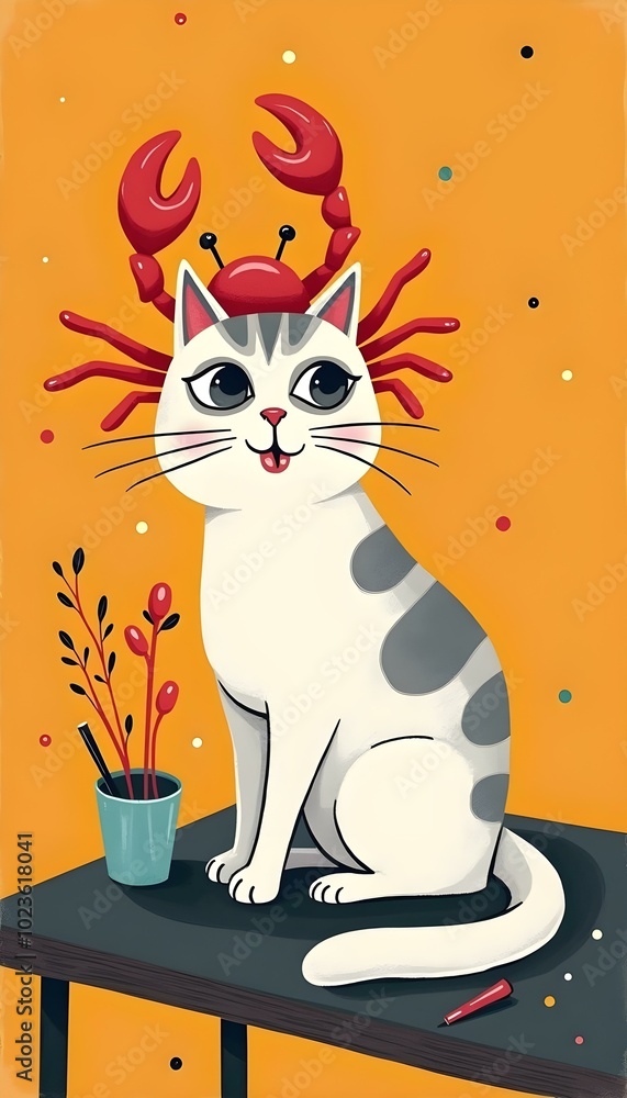 Fototapeta premium Cute white cat with grey stripes wearing a red crab on its head, sitting on a table with a red.