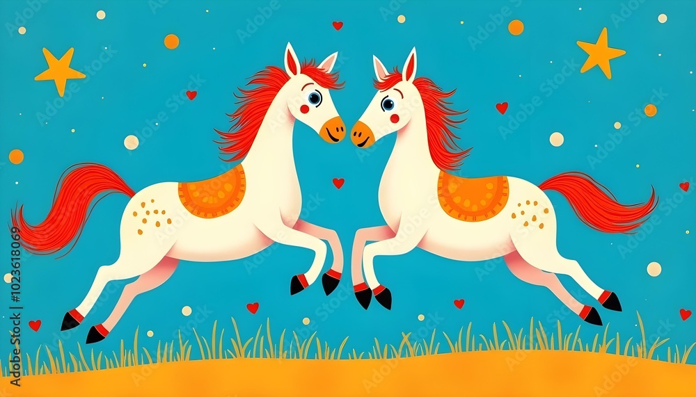 Two white horses with red manes and tails run in opposite directions, surrounded by stars and. Two white horses with red manes and tails run in opposite directions, surrounded by stars and.