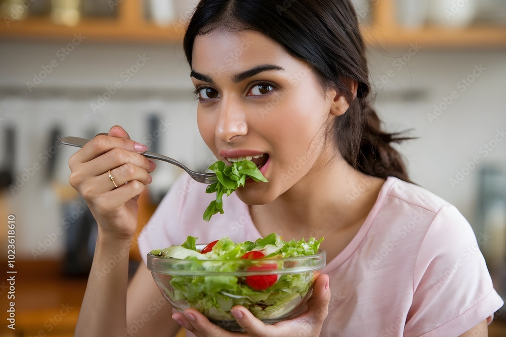 Young Asian Woman Enjoying a Healthy Salad Meal in Her Kitchen Young Asian Woman Enjoying a Healthy Salad Meal in Her Kitchen
