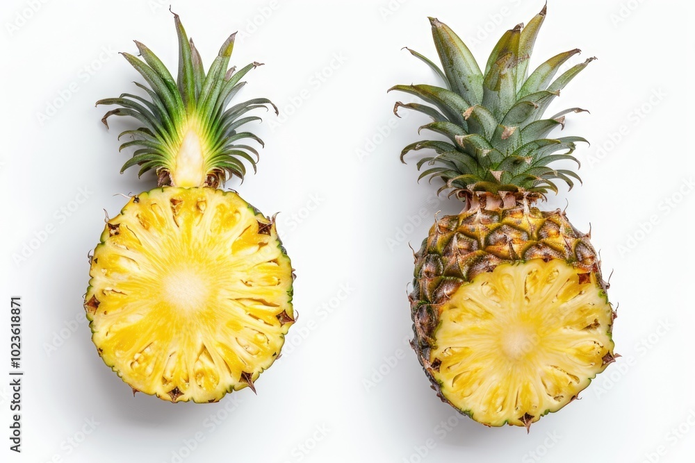 Fresh whole and cut pineapple on white background.