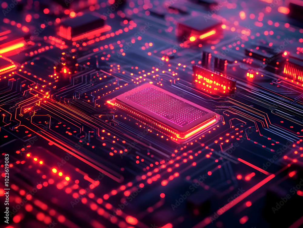 Extreme Close-Up of Flat Nano Circuitry Pulsing with Energy in Futuristic Device - Innovative Technology Concepts in Simple Vector Illustration Extreme Close-Up of Flat Nano Circuitry Pulsing with Energy in Futuristic Device - Innovative Technology Concepts in Simple Vector Illustration