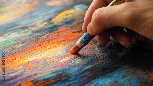 A close-up of a hand holding an oil pastel crayon, blending colors on a drawing of a sunset, highlighting the texture and richness of the medium.