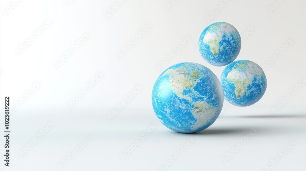 Three Globes with Detailed Earth Maps on a White Background Three Globes with Detailed Earth Maps on a White Background