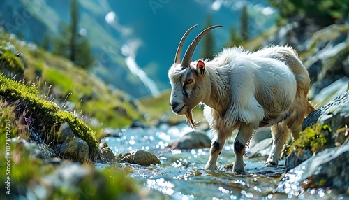 Alpine Goat Drinking from a Mountain Stream
