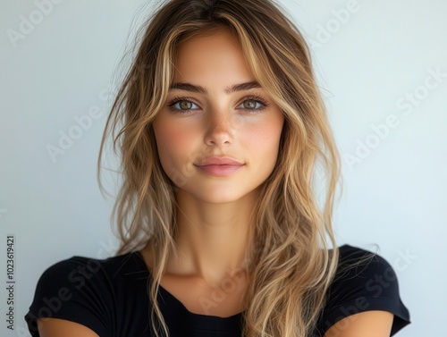 young beautiful woman with a positive expression, arms crossed and looking confidently at the camera, showcasing a successful and empowered demeanor, isolated against a clean white background