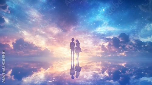 A beautiful sky with stars, clouds in the shape of people walking hand-in-hand on water reflections, with an anime girl and boy standing together in love