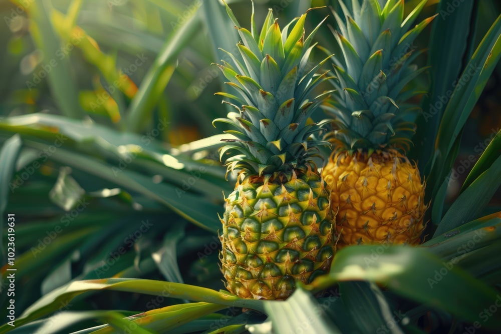 Close up two pineapple fruits in pineapple farming. Close up two pineapple fruits in pineapple farming.