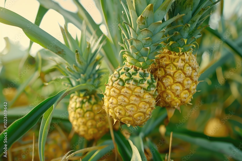 Close up two pineapple fruits in pineapple farming. Close up two pineapple fruits in pineapple farming.