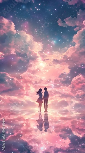 A beautiful sky with stars, clouds in the shape of people walking hand-in-hand on water reflections, with an anime girl and boy standing together in love