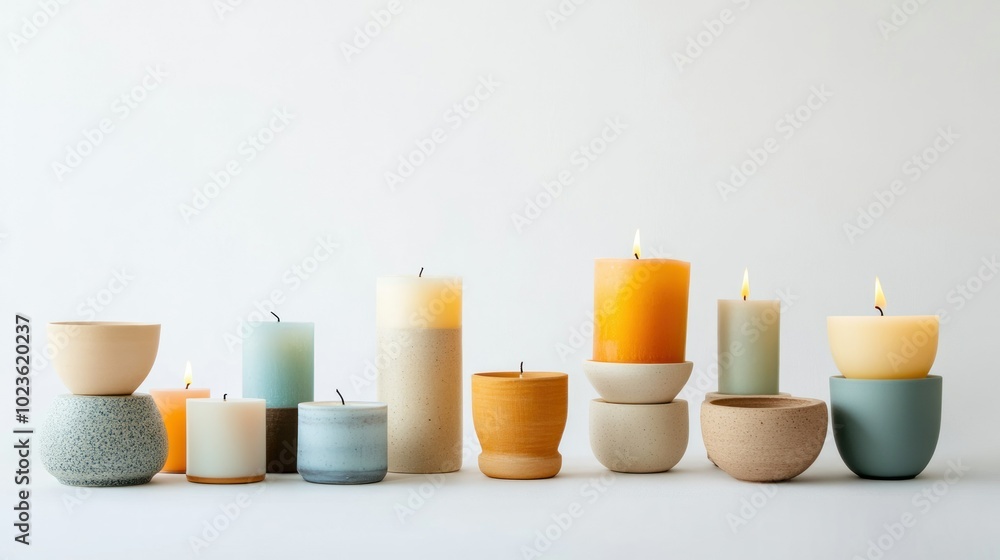 A Row of Burning Candles in Various Colored Ceramic Holders A Row of Burning Candles in Various Colored Ceramic Holders