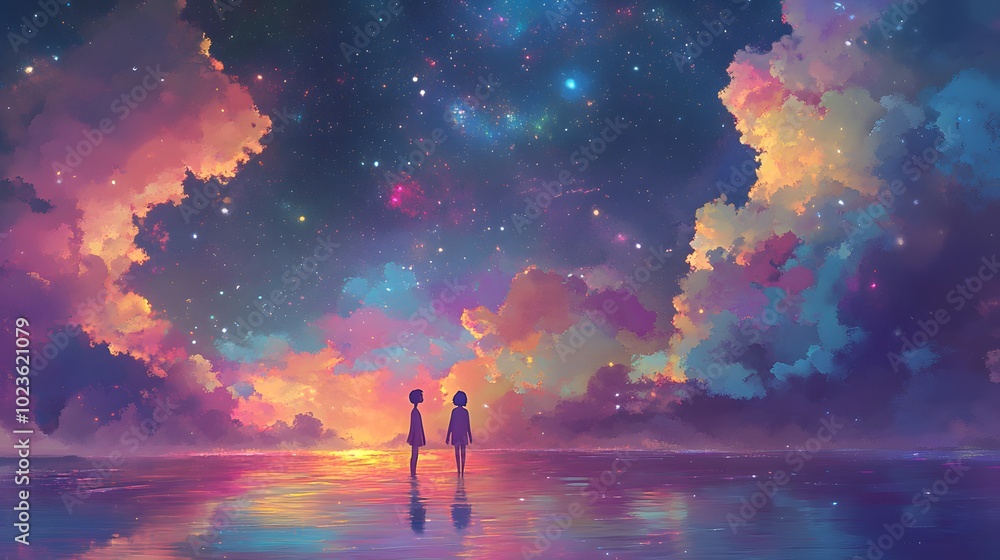 A beautiful sky with stars, clouds in the shape of people walking hand-in-hand on water reflections, with an anime girl and boy standing together in love A beautiful sky with stars, clouds in the shape of people walking hand-in-hand on water reflections, with an anime girl and boy standing together in love