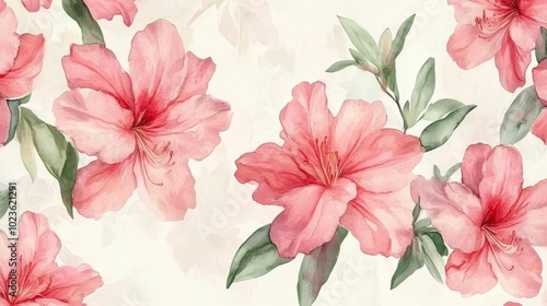 Watercolor azaleas in soft pink and red tones, minimal green leaves, scattered gently on a light background, seamless repeat