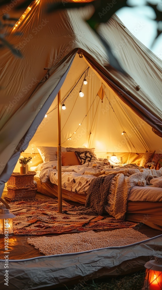 Fototapeta premium Cozy Tent Interior with Warm Lighting and Textured Decor