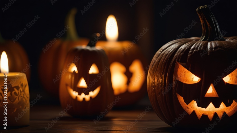 Four carved pumpkins with lit candles inside on a wooden table in a dark setting. Four carved pumpkins with lit candles inside on a wooden table in a dark setting.