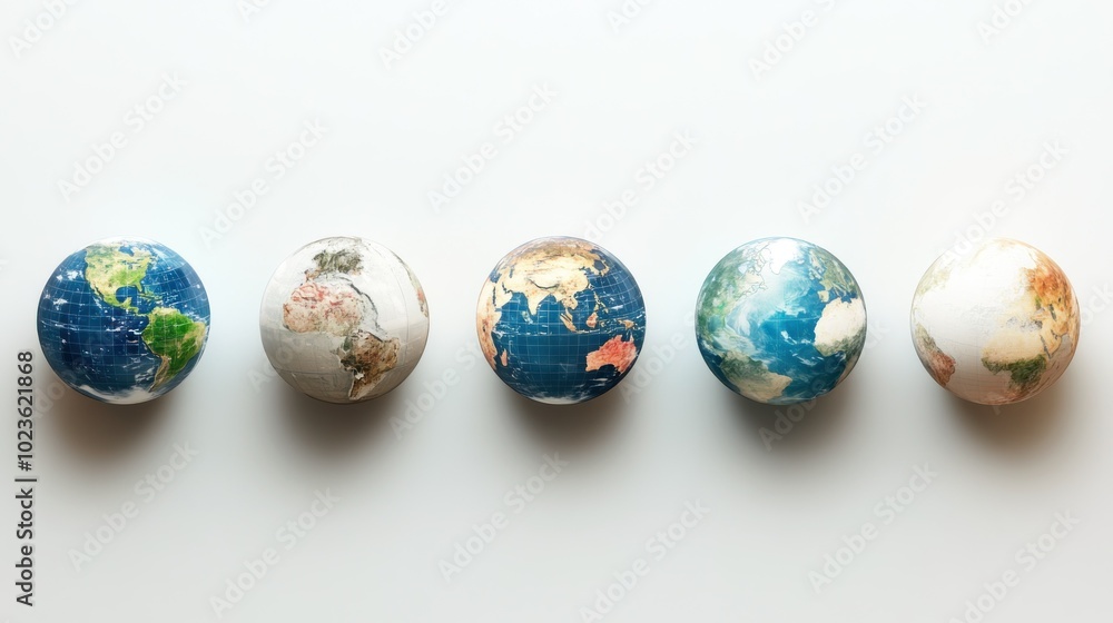Five Earth Globes in a Row, Depicting a Progression from Lush Green to Desolate White Five Earth Globes in a Row, Depicting a Progression from Lush Green to Desolate White