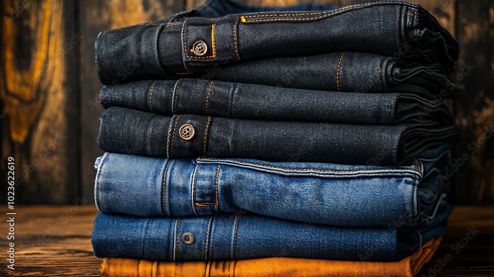 Fashionable jeans neatly arranged in layers, attracting attention in the store. Fashionable jeans neatly arranged in layers, attracting attention in the store.