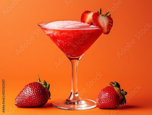 Delicious strawberry cocktail with fresh strawberries on a vibrant orange background.