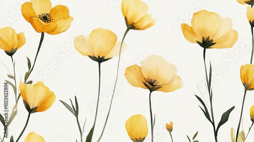 Simple watercolor buttercups with minimal details, soft yellow petals on a light cream background, seamless pattern