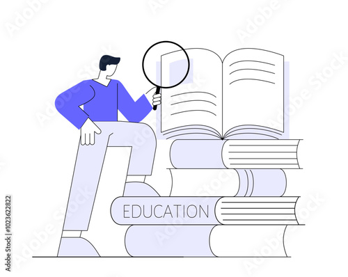 Man reading book with magnifying glass. Student, studying concepts. Flat vector illustration.