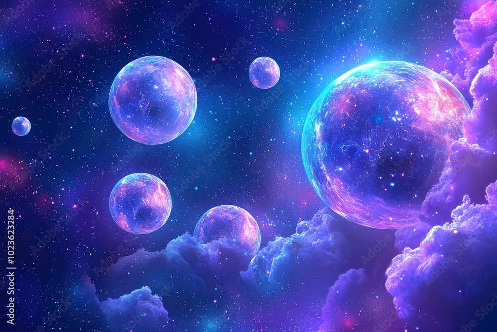 Cosmic Landscape with Glowing Planets and Starry Sky Cosmic Landscape with Glowing Planets and Starry Sky