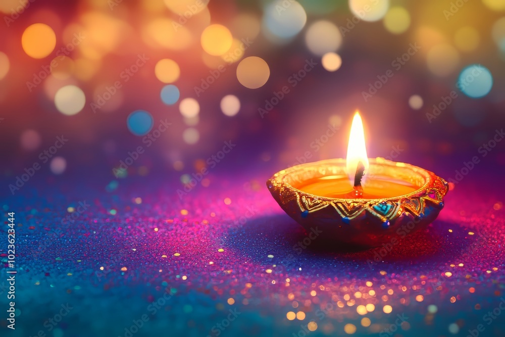 A beautifully lit oil lamp with a vibrant, colorful bokeh background, symbolizing the celebration of Diwali, the Festival of Lights. A beautifully lit oil lamp with a vibrant, colorful bokeh background, symbolizing the celebration of Diwali, the Festival of Lights.