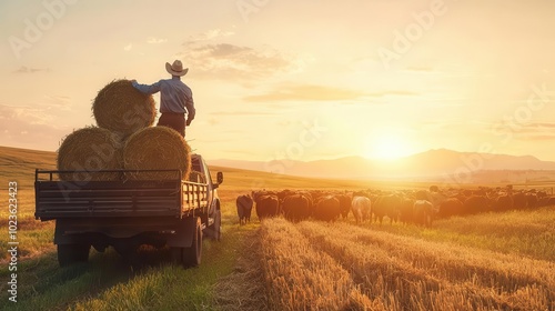 Farmer loading bales of hay into a truck surrounded by cattle, livestock farming, feeding season photo