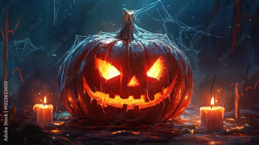 A Glowing Jack-o'-Lantern with Evil Eyes and a Sinister Smile in a Dark Forest A Glowing Jack-o'-Lantern with Evil Eyes and a Sinister Smile in a Dark Forest