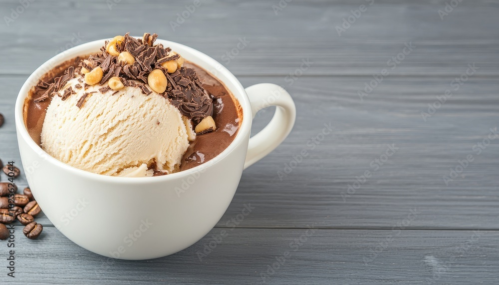 A creamy scoop of vanilla ice cream atop rich chocolate sauce, garnished with nuts and chocolate shavings, served in a white cup on a wooden background. A creamy scoop of vanilla ice cream atop rich chocolate sauce, garnished with nuts and chocolate shavings, served in a white cup on a wooden background.