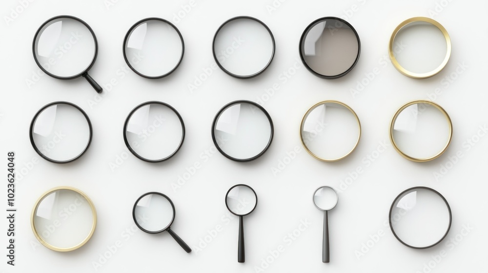 Assorted Magnifying Glasses and Circular Frames on White Background Assorted Magnifying Glasses and Circular Frames on White Background
