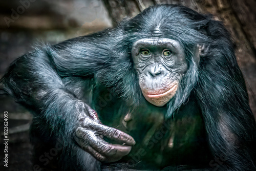 close-up of a bonobo monkey looking puzzeled photo