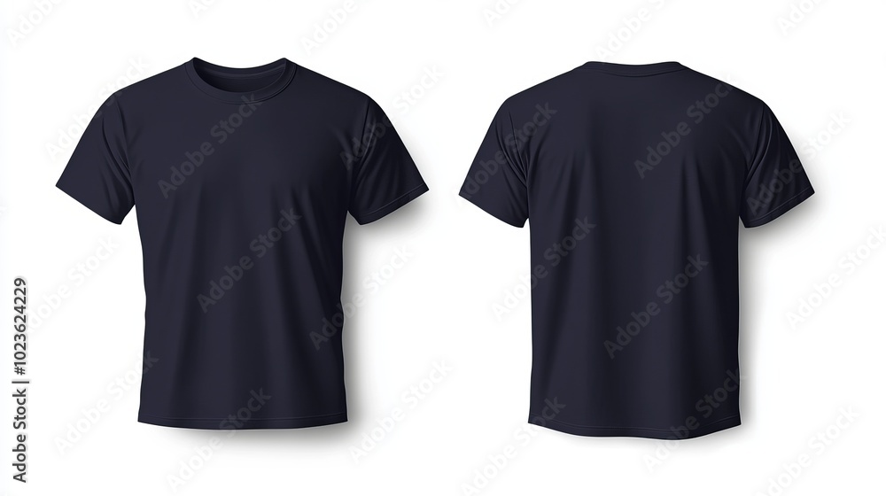 Plain dark blue t-shirt suitable for printing and design; front and back views isolated on white background. Plain dark blue t-shirt suitable for printing and design; front and back views isolated on white background.