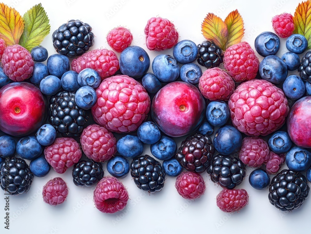 a colorful mix of wild berries, including raspberries, blueberries, and blackberries, elegantly displayed on a white background, highlighting their freshness and vibrant hues a colorful mix of wild berries, including raspberries, blueberries, and blackberries, elegantly displayed on a white background, highlighting their freshness and vibrant hues