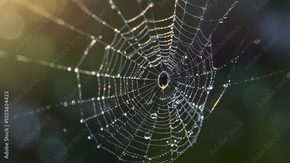 A spiderweb with dewdrops in the early morning light. A spiderweb with dewdrops in the early morning light.