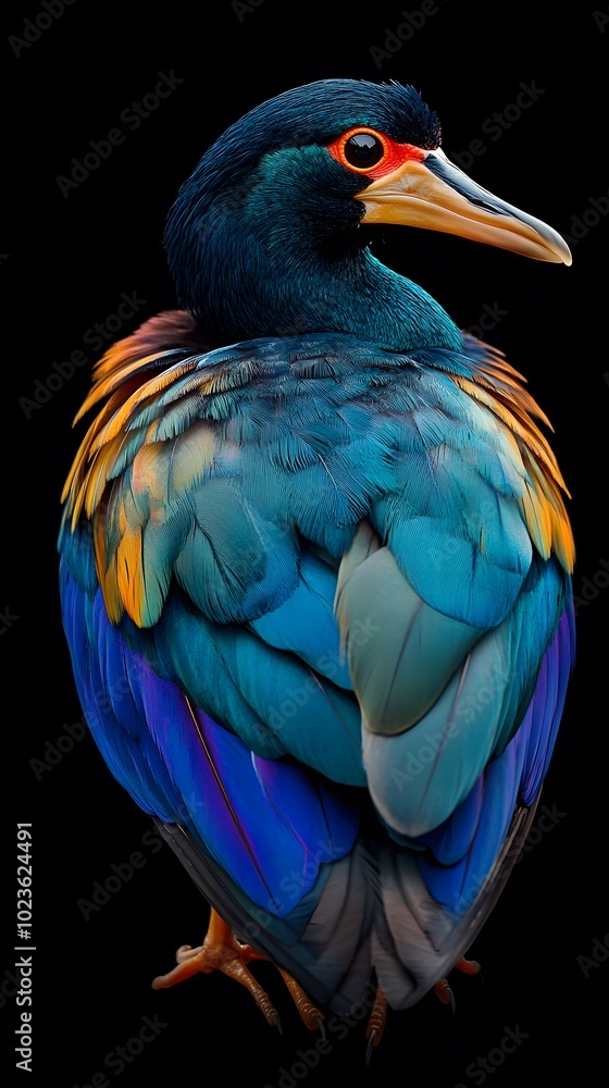 Fototapeta premium Purple Gallinule Bird on Black Background, Photo Realistic, Pattern Background, Wallpaper, Cover and Screen for Smartphone, PC, Laptop, 9:16 and 16:9 Format