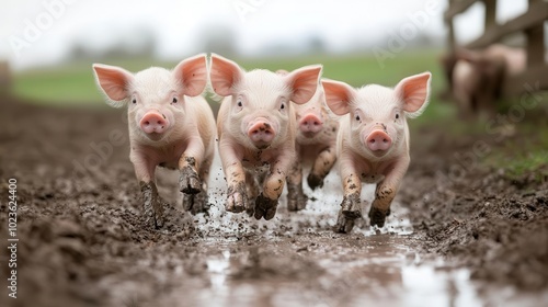 Piglets running through a muddy pen on a small farm, livestock farming, organic pork production