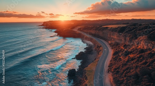 Coastal Road Winding Along Cliffside at Sunset